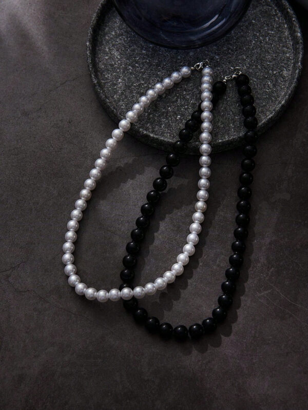 2 pièces Collier simple tendance en perles noires et blanches, perles factices de 6 à 10 mm de diamètre. Convient pour les cadeaux de la Saint-Valentin et les vacances pour les couples, et pour le port quotidien des hommes pour la Saint-Valentin – Image 19