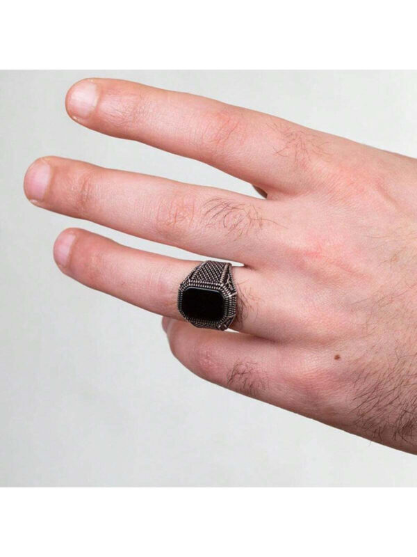 Bague En Agate Carrée Noire Vintage Pour Hommes, 1 Pièce, À La Mode, Bague De Doigt D'affaires De Personnalité Pour Hommes, Bijoux Cadeau – Image 2