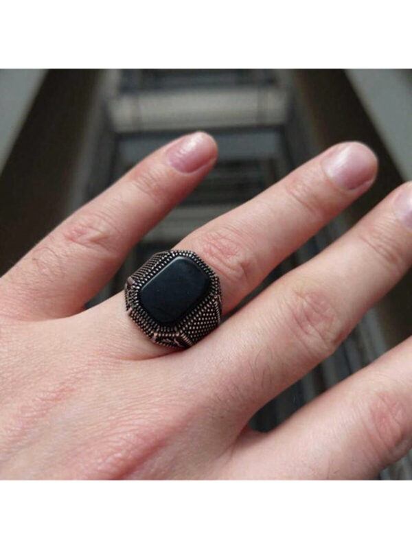 Bague En Agate Carrée Noire Vintage Pour Hommes, 1 Pièce, À La Mode, Bague De Doigt D'affaires De Personnalité Pour Hommes, Bijoux Cadeau – Image 4