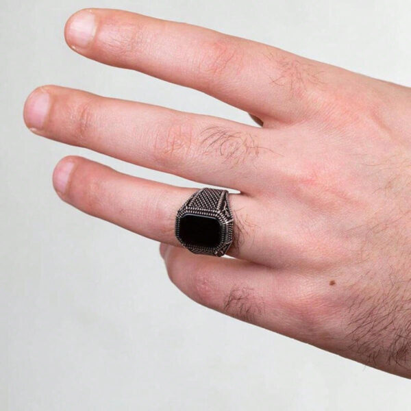 Bague En Agate Carrée Noire Vintage Pour Hommes, 1 Pièce, À La Mode, Bague De Doigt D'affaires De Personnalité Pour Hommes, Bijoux Cadeau – Image 8
