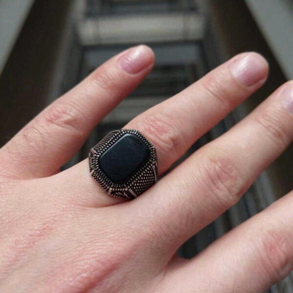 Bague En Agate Carrée Noire Vintage Pour Hommes, 1 Pièce, À La Mode, Bague De Doigt D'affaires De Personnalité Pour Hommes, Bijoux Cadeau – Image 9