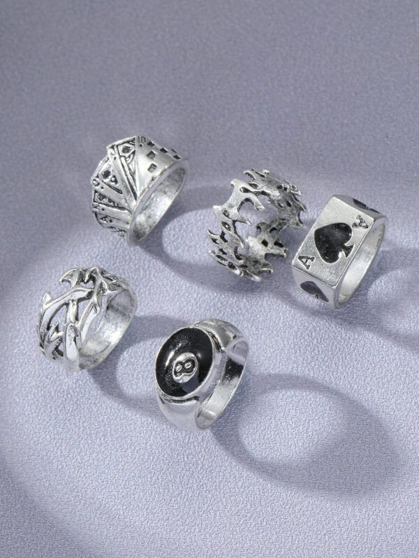 Ensemble De 5 Anneaux Articulés Créatifs Exagérés De Personnalité Noire De Carte De Poker 8, À La Mode Et Rétro, Adapté Pour Un Port Quotidien – Image 3