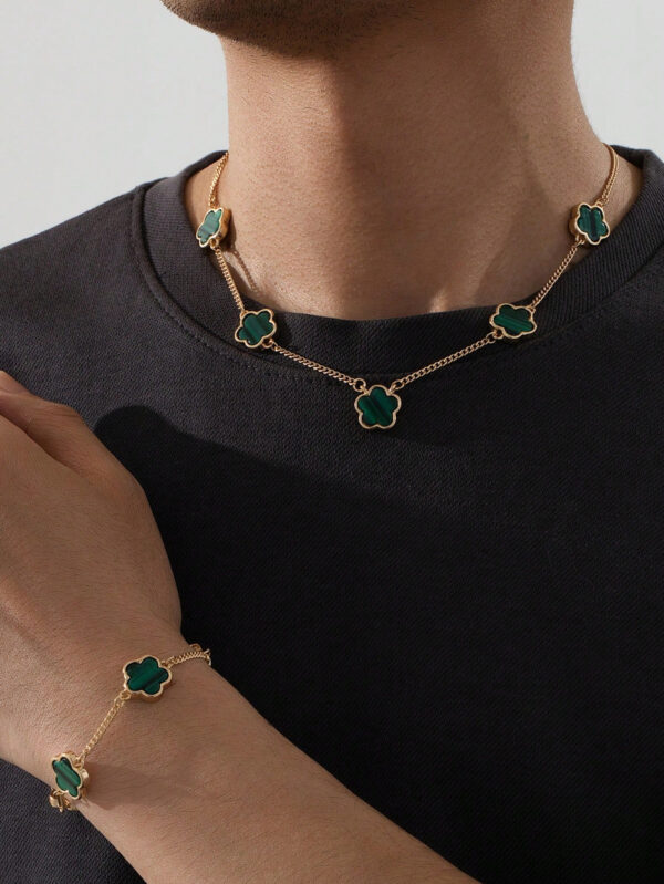 1 set de collier et bracelet à pendentif trèfle porte-bonheur, mode homme – Image 3