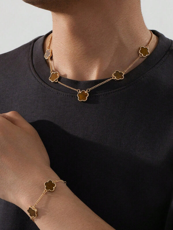 1 set de collier et bracelet à pendentif trèfle porte-bonheur, mode homme – Image 4
