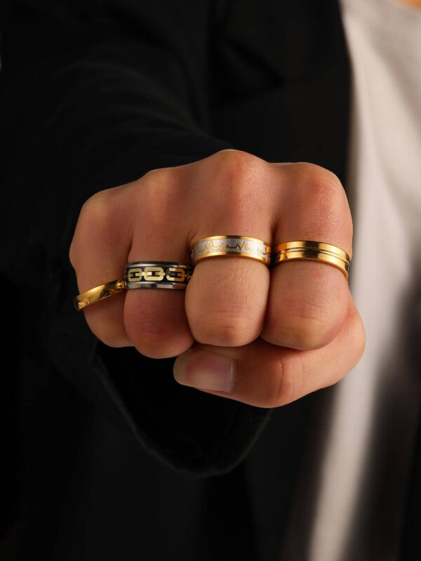4 pièces/set Bijou Pour Homme En Acier Inoxydable Électrocardiogramme Battement De Cœur Chaîne À Rayures Design Anneaux Pour Cadeau – Image 3