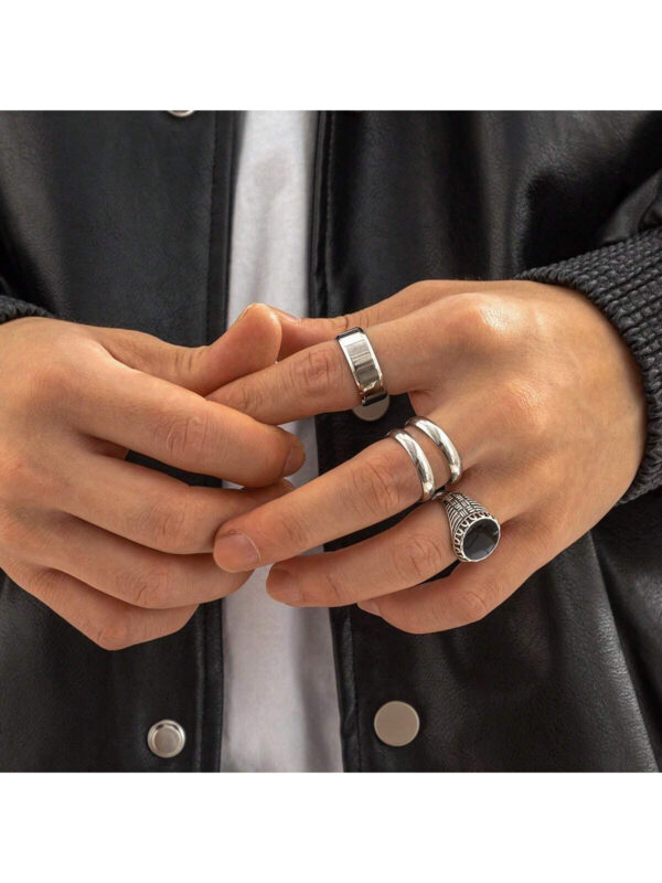 4 pièces/set Bijou Pour Homme En Acier Inoxydable Électrocardiogramme Battement De Cœur Chaîne À Rayures Design Anneaux Pour Cadeau – Image 4