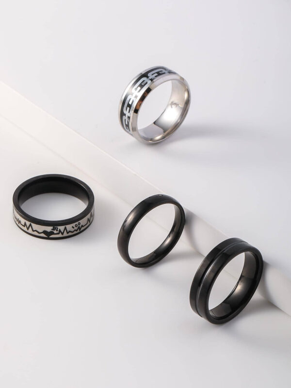 4 pièces/set Bijou Pour Homme En Acier Inoxydable Électrocardiogramme Battement De Cœur Chaîne À Rayures Design Anneaux Pour Cadeau – Image 5