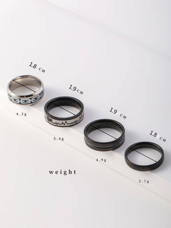 4 pièces/set Bijou Pour Homme En Acier Inoxydable Électrocardiogramme Battement De Cœur Chaîne À Rayures Design Anneaux Pour Cadeau – Image 6