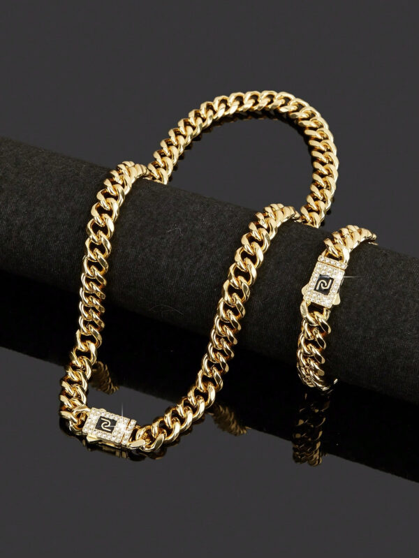 Ensemble De Bijoux De Style Hip Hop, 1 Collier + 1 Bracelet, Design De Chaîne Pavé De Strass Brillants, Adapté Aux Hommes Et Aux Femmes – Image 2