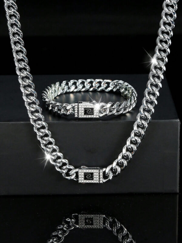 Ensemble De Bijoux De Style Hip Hop, 1 Collier + 1 Bracelet, Design De Chaîne Pavé De Strass Brillants, Adapté Aux Hommes Et Aux Femmes – Image 3