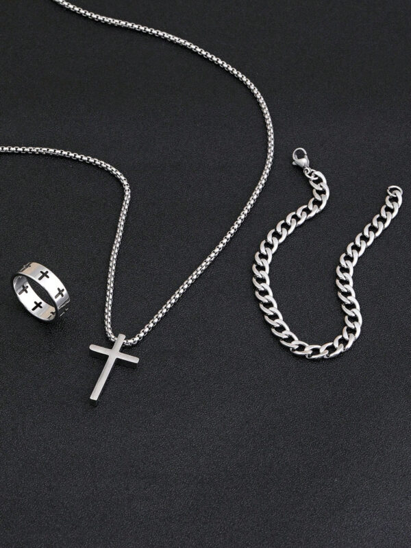 Ensemble De Bijoux En Or Pour Hommes, 3 Pièces, Collier Croisé, Bracelet, Bague Croisée, Adapté À La Décoration Quotidienne – Image 3
