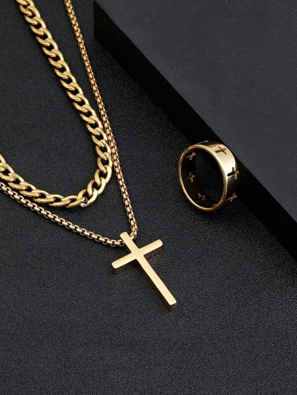 Ensemble De Bijoux En Or Pour Hommes, 3 Pièces, Collier Croisé, Bracelet, Bague Croisée, Adapté À La Décoration Quotidienne – Image 4