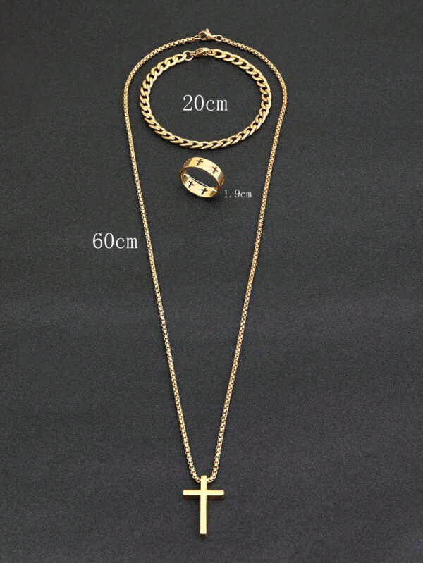 Ensemble De Bijoux En Or Pour Hommes, 3 Pièces, Collier Croisé, Bracelet, Bague Croisée, Adapté À La Décoration Quotidienne – Image 7