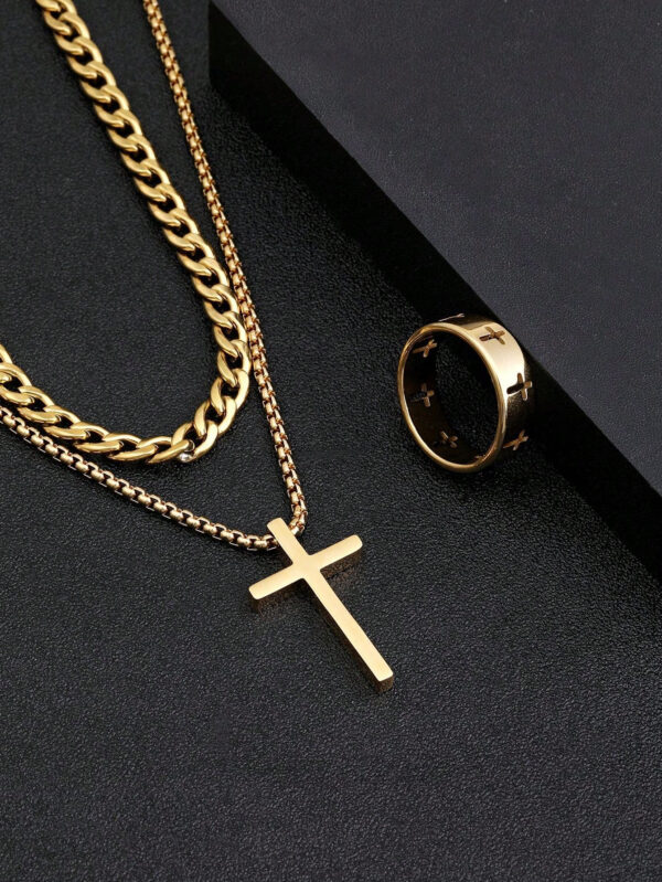Ensemble De Bijoux En Or Pour Hommes, 3 Pièces, Collier Croisé, Bracelet, Bague Croisée, Adapté À La Décoration Quotidienne – Image 8