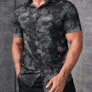 Manfinity Modomio Chemise casual à manches courtes à imprimé dragon tissé pour homme, pour sortir, mari