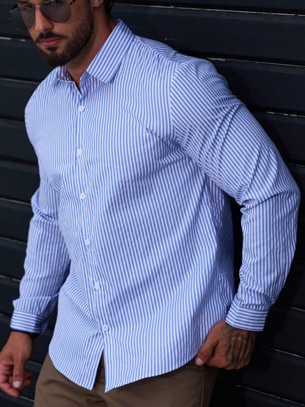 Manfinity Mode Chemise d'affaires pour hommes à col boutonné, ajustée à manches longues avec imprimé rayé – Image 3