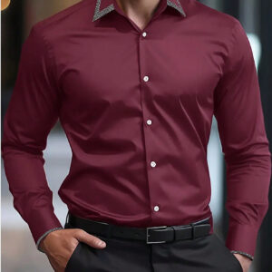 Manfinity Mode Chemise d'affaires à manches longues pour homme, printemps été, coupe ajustée, couleur unie noire, boutonnée, idéale pour les voyages d'affaires quotidiens, pour mari