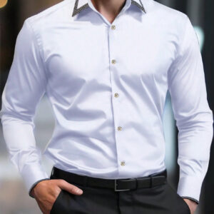 Manfinity Mode Chemise d'affaires à manches longues pour homme, printemps été, coupe ajustée, couleur unie noire, boutonnée, idéale pour les voyages d'affaires quotidiens, pour mari