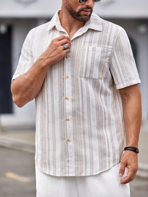 Manfinity Modomio Chemise décontractée à manches courtes rayée tissée pour homme, coupe slim, adaptée pour l'été – Image 4
