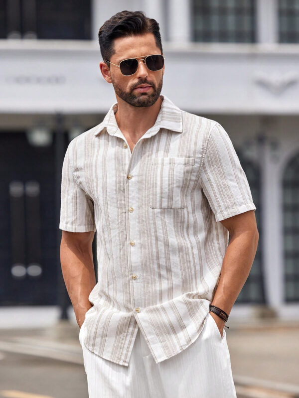 Manfinity Modomio Chemise décontractée à manches courtes rayée tissée pour homme, coupe slim, adaptée pour l'été – Image 5
