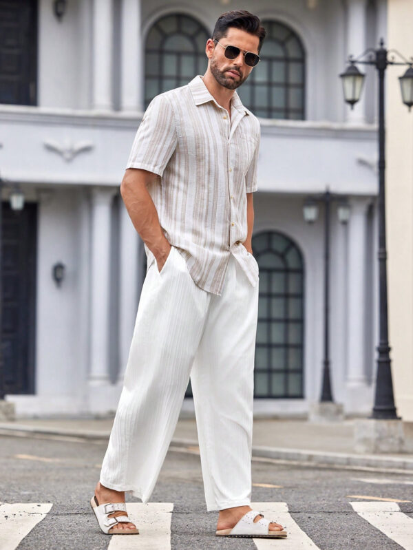 Manfinity Modomio Chemise décontractée à manches courtes rayée tissée pour homme, coupe slim, adaptée pour l'été – Image 6