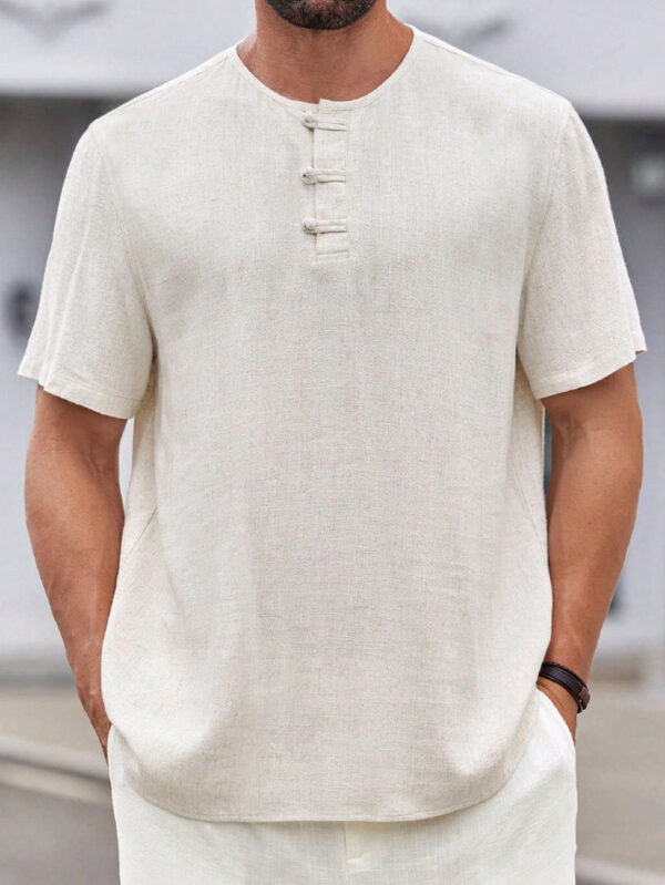 Manfinity Modomio Chemise casual à col rond tissée unie avec boutons devant, manches courtes, convenant pour l'été, les vacances, le mari – Image 3