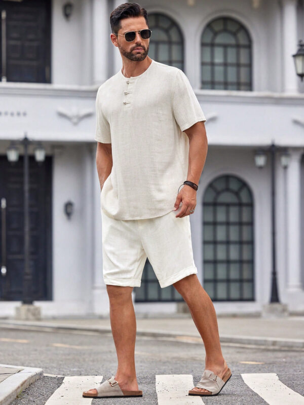 Manfinity Modomio Chemise casual à col rond tissée unie avec boutons devant, manches courtes, convenant pour l'été, les vacances, le mari – Image 4
