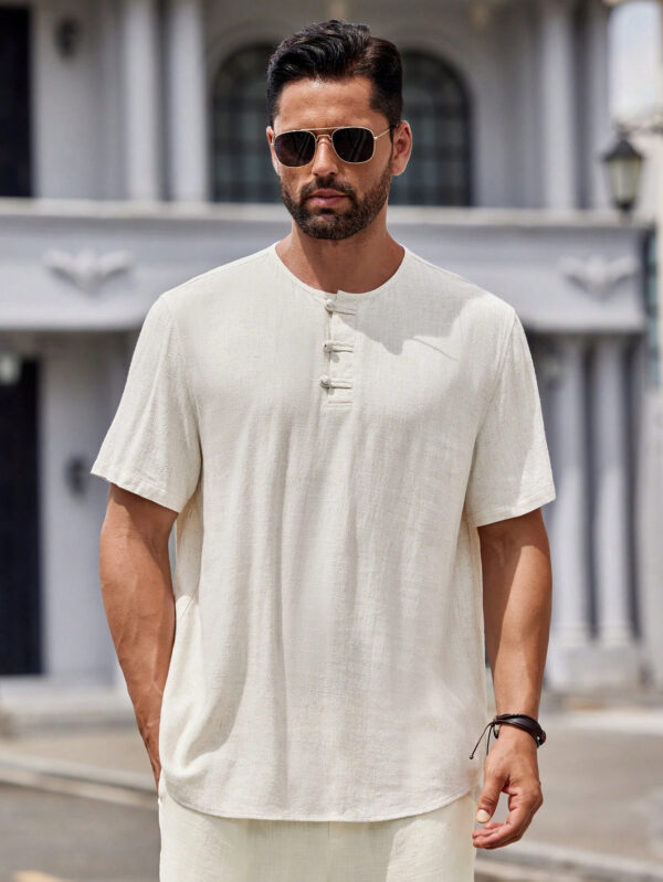 Manfinity Modomio Chemise casual à col rond tissée unie avec boutons devant, manches courtes, convenant pour l'été, les vacances, le mari – Image 6