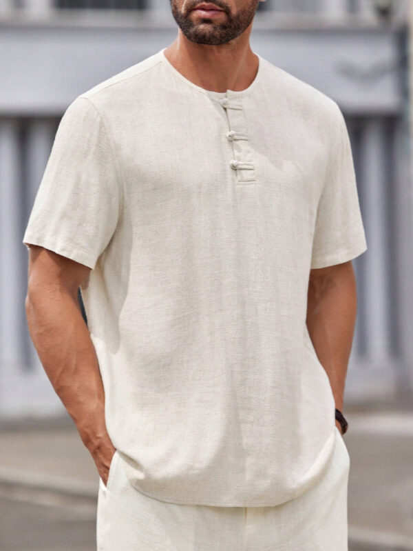 Manfinity Modomio Chemise casual à col rond tissée unie avec boutons devant, manches courtes, convenant pour l'été, les vacances, le mari – Image 7