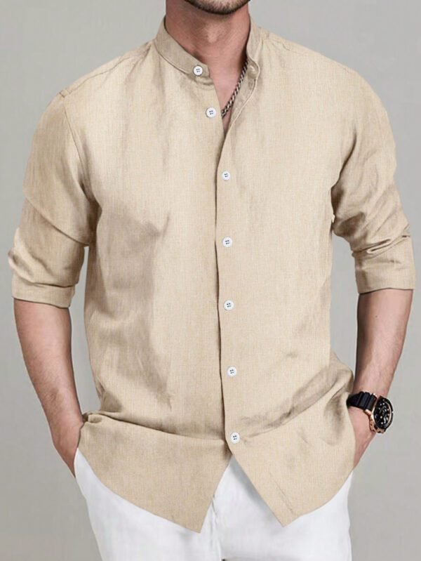 Manfinity Homme Chemise À Manches Longues De Col Montant Pour Les Hommes, Couleur Unie Pour Le Printemps Et L'automne – Image 5