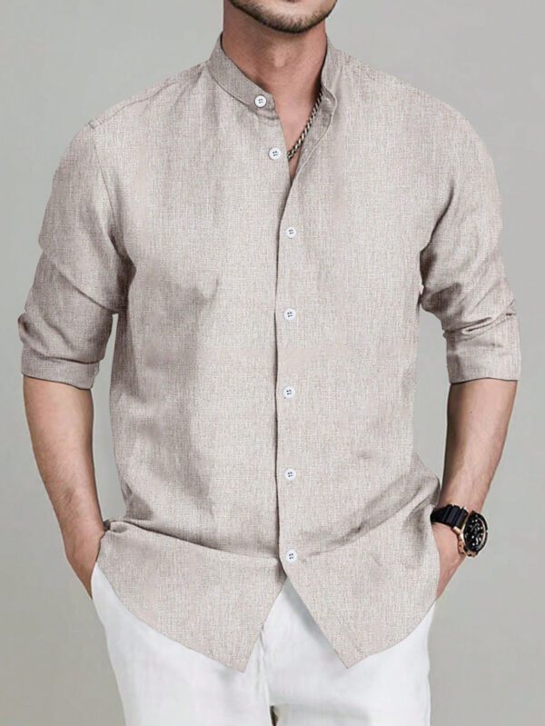 Manfinity Homme Chemise À Manches Longues De Col Montant Pour Les Hommes, Couleur Unie Pour Le Printemps Et L'automne – Image 8