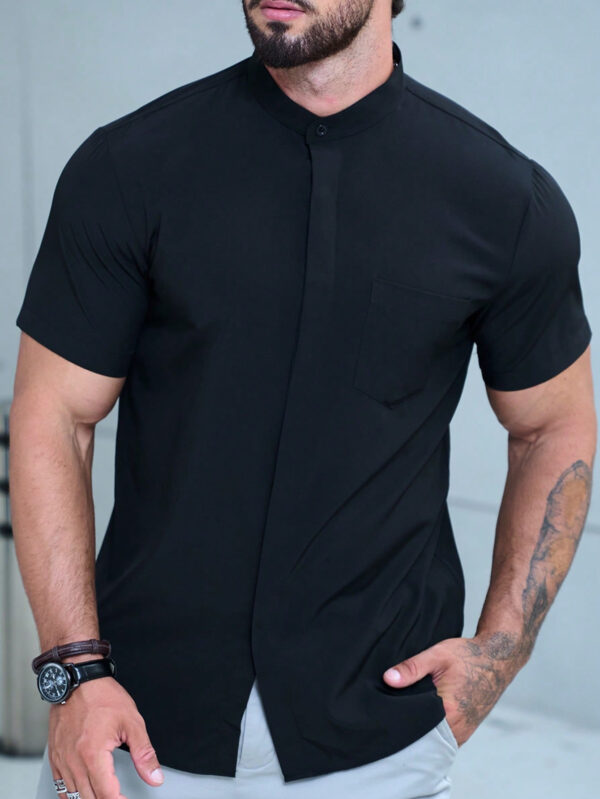 Manfinity Homme Chemise pour homme à boutons unicolore à manches courtes, noire unie, chemise décontractée de travail pour mari – Image 4