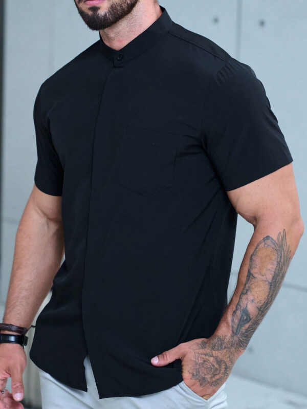 Manfinity Homme Chemise pour homme à boutons unicolore à manches courtes, noire unie, chemise décontractée de travail pour mari – Image 5