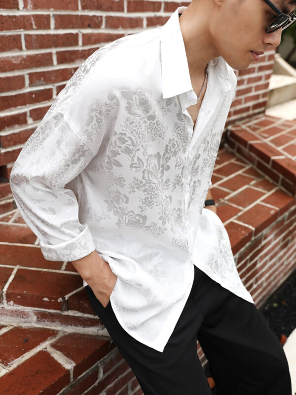 Manfinity Hypemode Chemise décontractée blanche ample à manches longues pour homme, chemise à fleurs jacquard pour hommes, bouton avant, cadeau de petit ami – Image 7
