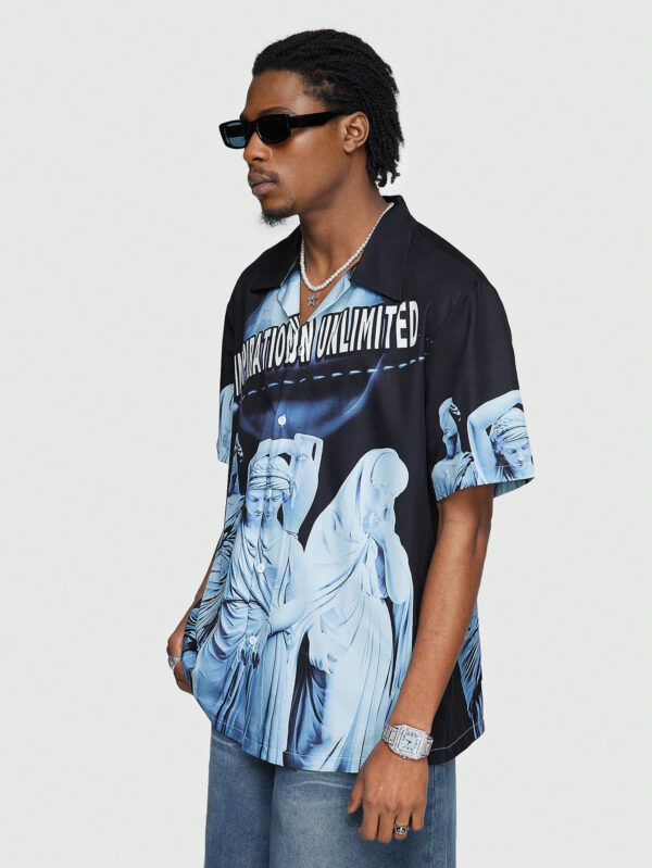 ROMWE Street Life Chemise À Manches Courtes Imprimée Sculpture De Lettres En Gypse Pour Hommes Pour L'été – Image 4