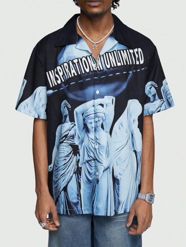 ROMWE Street Life Chemise À Manches Courtes Imprimée Sculpture De Lettres En Gypse Pour Hommes Pour L'été – Image 5