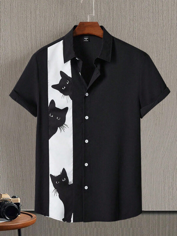 Chemise col à manches courtes décontractée avec imprimé chat graphique pour homme, pour sortir