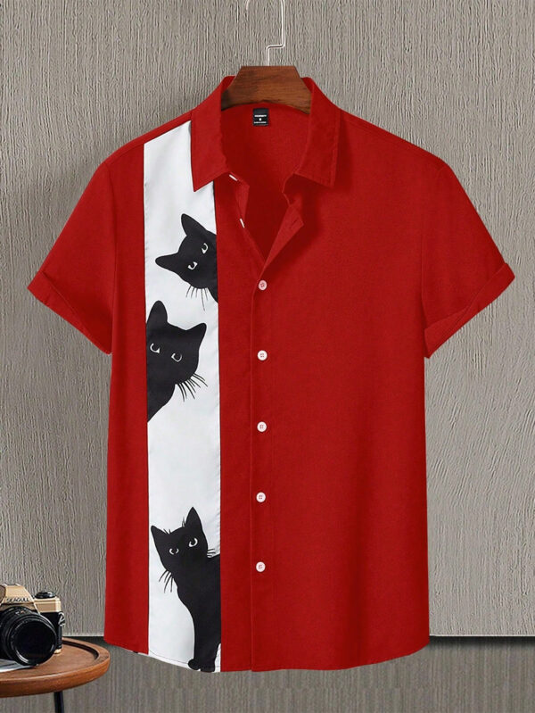 Chemise col à manches courtes décontractée avec imprimé chat graphique pour homme, pour sortir – Image 2