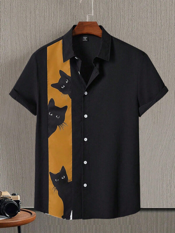 Chemise col à manches courtes décontractée avec imprimé chat graphique pour homme, pour sortir – Image 3