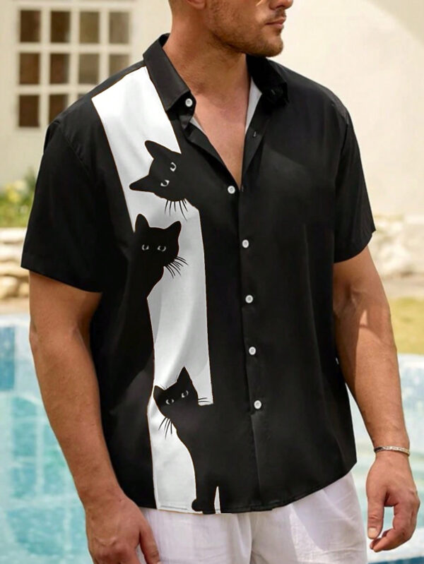 Chemise col à manches courtes décontractée avec imprimé chat graphique pour homme, pour sortir – Image 5