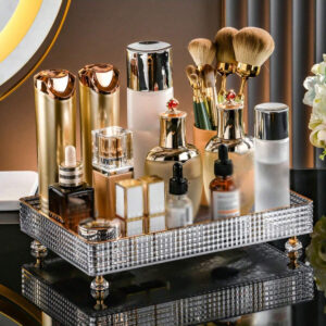 1/2 pièces Organisateur de maquillage, plateau de salle de bain de vanité, boîte de rangement de parfum de maquillage, plateau de rangement d'anneau de maquillage, plateau de table de toilette, étagère décorative organisateur de bijoux et de maquillage, support de rangement de cosmétiques de salle de bain, plateau de rangement et d'affichage de bureau pour la décoration de la maison, la salle de bain, le cadeau.