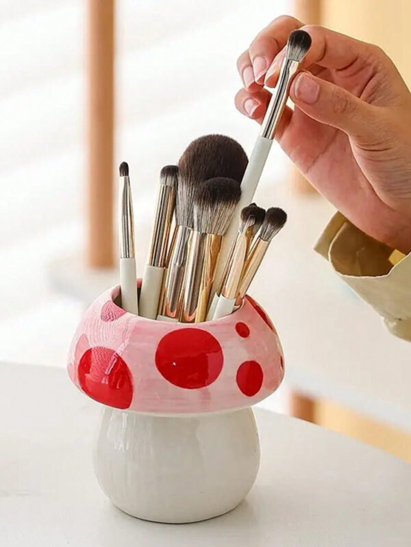 1 pièce Porte-crayon en forme de champignon en céramique mignon - organisateur de bureau pour pinceaux de maquillage et fournitures de bureau, design décoratif créatif pour étudiants et filles, support à stylo adorable pour fournitures et accessoires de bureau de couleur pastel – Image 11