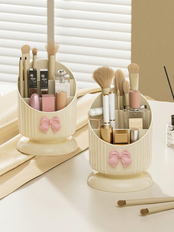 1 pièce Support organisateur de pinceau de maquillage, boîte de rangement cosmétique jaune crème avec un joli nœud, support pour produits cosmétiques et de soins de la peau, boîte d'affichage cosmétique multifonctionnelle, boîte de rangement cosmétique pour la beauté élevée du ménage, convient pour la coiffeuse et la table de maquillage. Support de pinceau de maquillage et boîte de rangement d'affichage. – Image 2