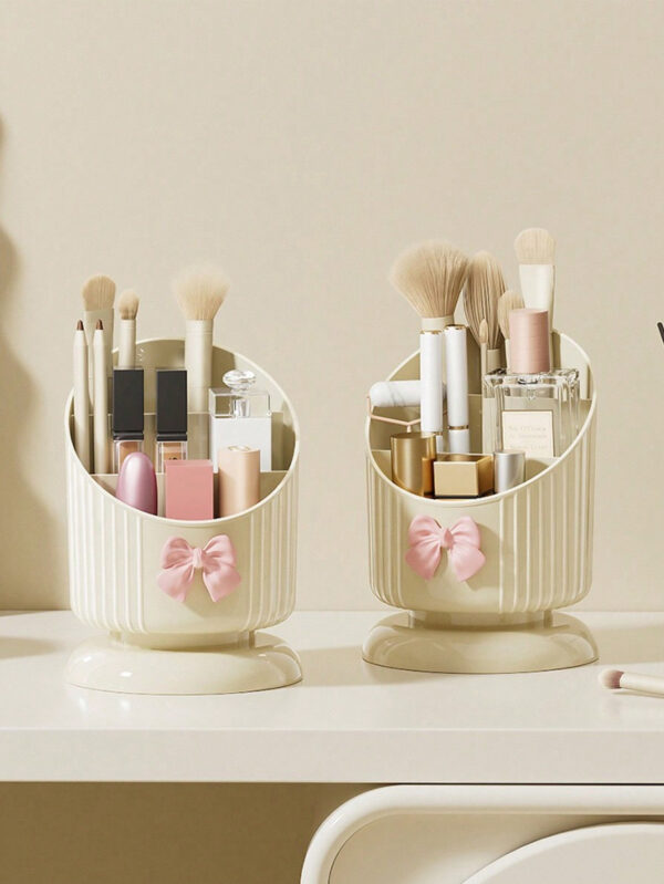 1 pièce Support organisateur de pinceau de maquillage, boîte de rangement cosmétique jaune crème avec un joli nœud, support pour produits cosmétiques et de soins de la peau, boîte d'affichage cosmétique multifonctionnelle, boîte de rangement cosmétique pour la beauté élevée du ménage, convient pour la coiffeuse et la table de maquillage. Support de pinceau de maquillage et boîte de rangement d'affichage. – Image 3