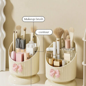 1 pièce Support organisateur de pinceau de maquillage, boîte de rangement cosmétique jaune crème avec un joli nœud, support pour produits cosmétiques et de soins de la peau, boîte d'affichage cosmétique multifonctionnelle, boîte de rangement cosmétique pour la beauté élevée du ménage, convient pour la coiffeuse et la table de maquillage. Support de pinceau de maquillage et boîte de rangement d'affichage.