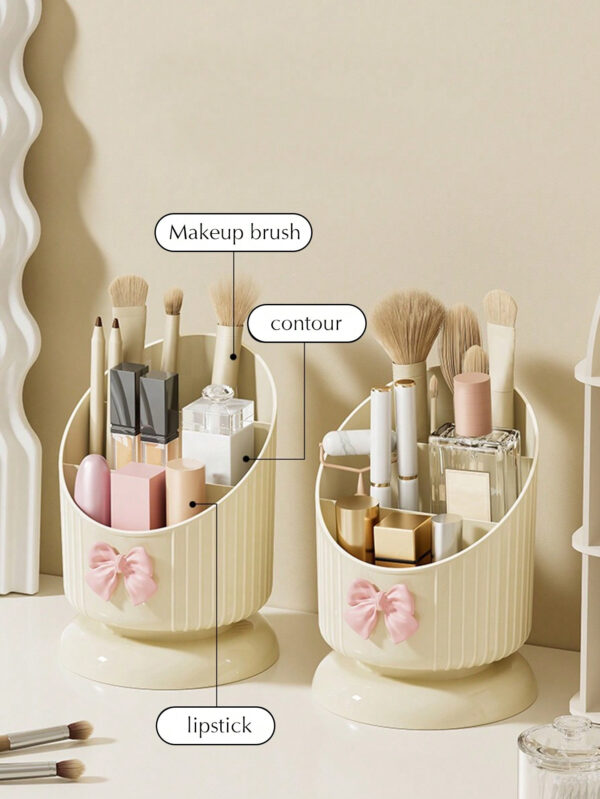 1 pièce Support organisateur de pinceau de maquillage, boîte de rangement cosmétique jaune crème avec un joli nœud, support pour produits cosmétiques et de soins de la peau, boîte d'affichage cosmétique multifonctionnelle, boîte de rangement cosmétique pour la beauté élevée du ménage, convient pour la coiffeuse et la table de maquillage. Support de pinceau de maquillage et boîte de rangement d'affichage. – Image 4