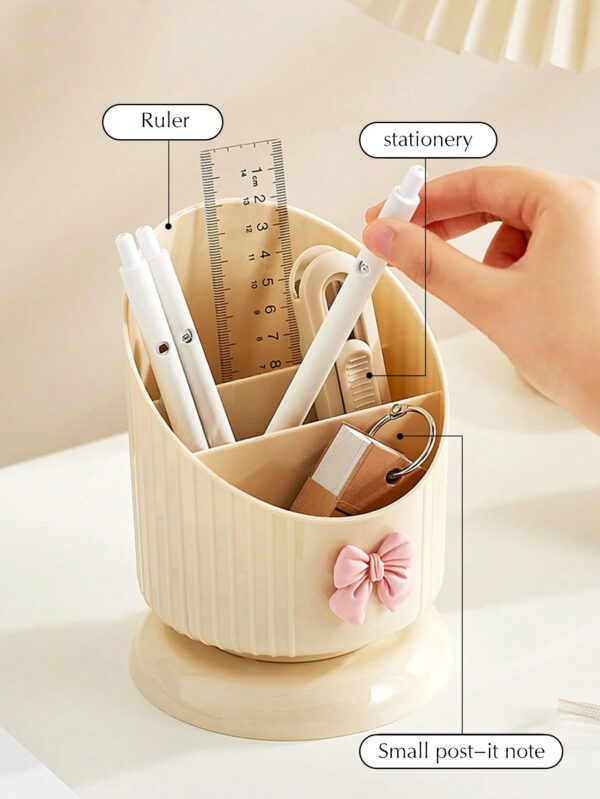 1 pièce Support organisateur de pinceau de maquillage, boîte de rangement cosmétique jaune crème avec un joli nœud, support pour produits cosmétiques et de soins de la peau, boîte d'affichage cosmétique multifonctionnelle, boîte de rangement cosmétique pour la beauté élevée du ménage, convient pour la coiffeuse et la table de maquillage. Support de pinceau de maquillage et boîte de rangement d'affichage. – Image 5