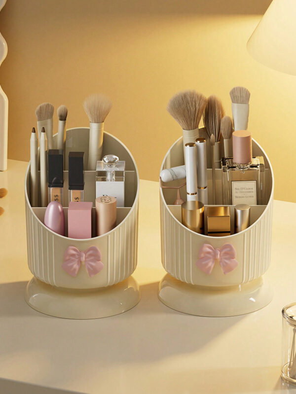 1 pièce Support organisateur de pinceau de maquillage, boîte de rangement cosmétique jaune crème avec un joli nœud, support pour produits cosmétiques et de soins de la peau, boîte d'affichage cosmétique multifonctionnelle, boîte de rangement cosmétique pour la beauté élevée du ménage, convient pour la coiffeuse et la table de maquillage. Support de pinceau de maquillage et boîte de rangement d'affichage. – Image 6