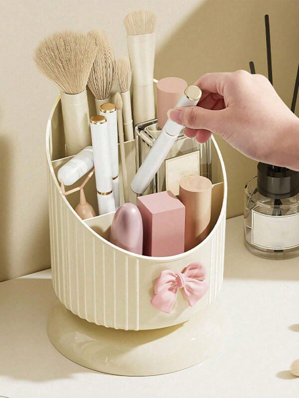 1 pièce Support organisateur de pinceau de maquillage, boîte de rangement cosmétique jaune crème avec un joli nœud, support pour produits cosmétiques et de soins de la peau, boîte d'affichage cosmétique multifonctionnelle, boîte de rangement cosmétique pour la beauté élevée du ménage, convient pour la coiffeuse et la table de maquillage. Support de pinceau de maquillage et boîte de rangement d'affichage. – Image 7