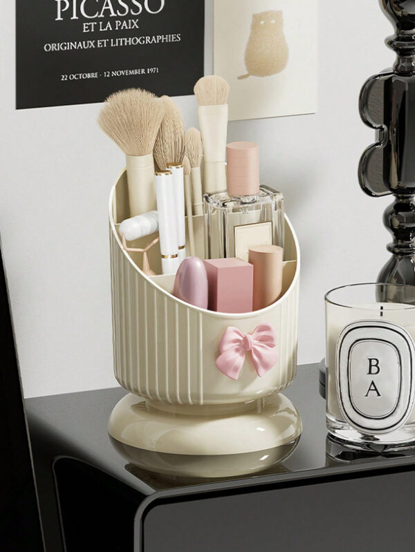1 pièce Support organisateur de pinceau de maquillage, boîte de rangement cosmétique jaune crème avec un joli nœud, support pour produits cosmétiques et de soins de la peau, boîte d'affichage cosmétique multifonctionnelle, boîte de rangement cosmétique pour la beauté élevée du ménage, convient pour la coiffeuse et la table de maquillage. Support de pinceau de maquillage et boîte de rangement d'affichage. – Image 9